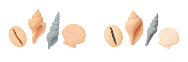 Stylized marine seashells in soft pastel colors isolated on a clean white background, perfect for summer designs