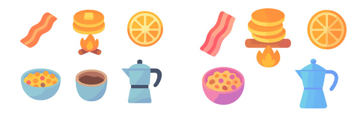 Delicious breakfast food and beverage items including bacon, pancakes, orange slice, cereal, coffee, and coffee maker