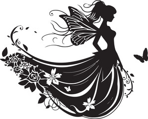 Elegant black vector silhouette of a fairy with delicate wings, perfect for fantasy-themed designs