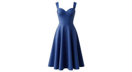 Isolated blue retro women's dress, midi length skirt, sweetheart neckline, vintage style