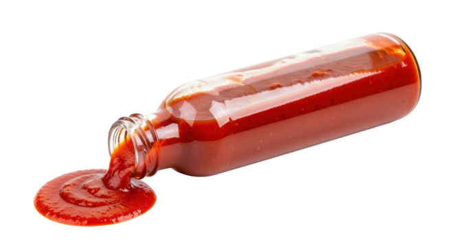 Isolated bottle of tomato sauce spilling onto the floor, a flavorful condiment on its side