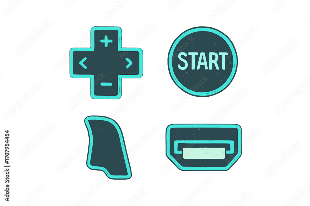 Poster stylized video game controller elements including buttons, directional pad, start button, shoulder t
