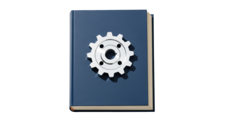 Isolated dark blue book with white gear mechanism, conceptual, technology textbook