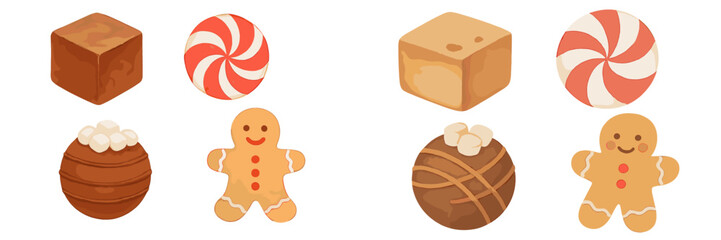Festive assortment of gingerbread cookies, peppermint candies, and chocolate desserts for the holiday season