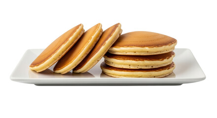 Isolated fluffy pancakes stacked on plate are delicious breakfast food for brunch or dessert
