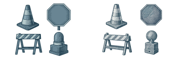 Collection of road construction safety equipment including traffic cones, barriers, and warning signs in a vintage etched style