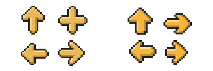 Collection of pixel art arrows and directional symbols for user interface design, perfect for retro-themed video games and digital projects