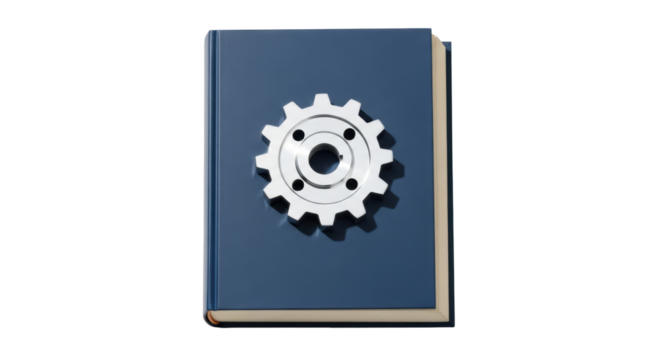Isolated dark blue book with white gear mechanism, conceptual, technology textbook