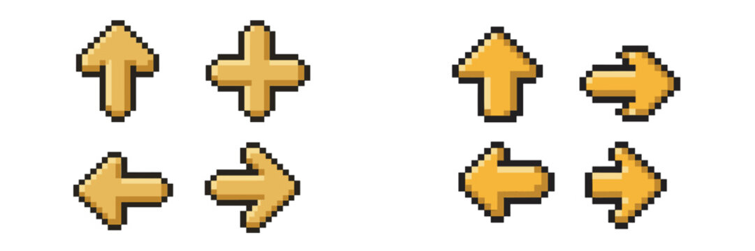 Collection of pixel art arrows and directional symbols for user interface design, perfect for retro-themed video games and digital projects