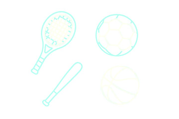 Set of sports equipment outlines featuring a tennis racket, baseball bat, soccer ball, and basketball