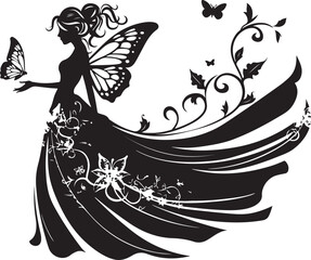 Elegant black vector silhouette of a fairy with delicate wings, perfect for fantasy-themed designs