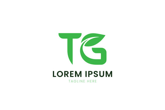Modern green tg logo design with leaf element for organic brands and business