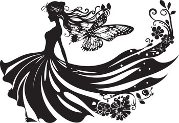 Elegant black vector silhouette of a fairy with delicate wings, perfect for fantasy-themed designs