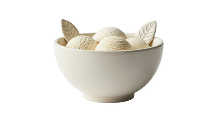 Isolated bowl of vanilla ice cream scoops with leaf decorations; creamy frozen dessert
