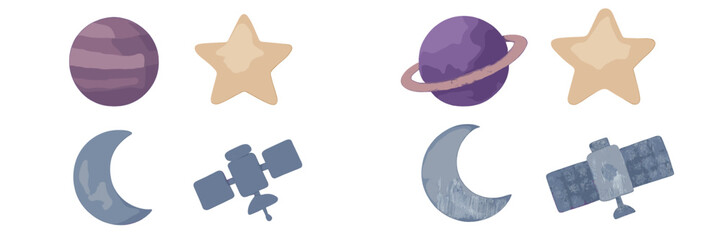 Watercolor style space elements set with planets, stars, moons, and satellites, cosmic objects collection