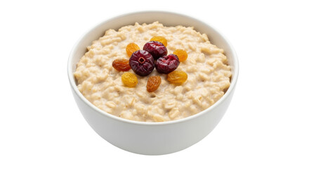 Isolated bowl of hot oatmeal porridge with raisins and cherries perfect healthy breakfast