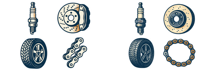Essential automotive and mechanical components set featuring spark plugs, brake discs, car tires, and robust chains