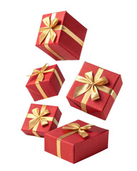 Obraz premium Festive red gift boxes with golden ribbons create joyful atmosphere, perfect for celebrations and special occasions