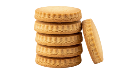 Isolated stack of shortbread cookies next to one cookie, delicious golden treats for tea time
