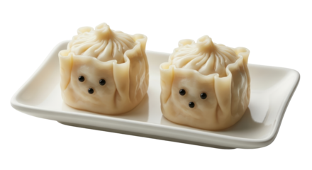 Isolated plate of two siu mai dumplings looking like puppy dogs in closeup for a cute treat