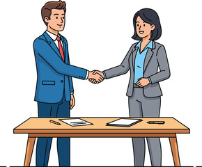 Business agreement handshake illustration, man and woman closing deal, corporate partnership vector, contract signing concept, successful professional negotiation cartoon
