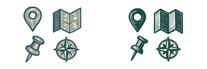 Collection of vintage style navigation icons featuring map pin, folded map, pushpin, and compass rose for travel and location themes © icon_art