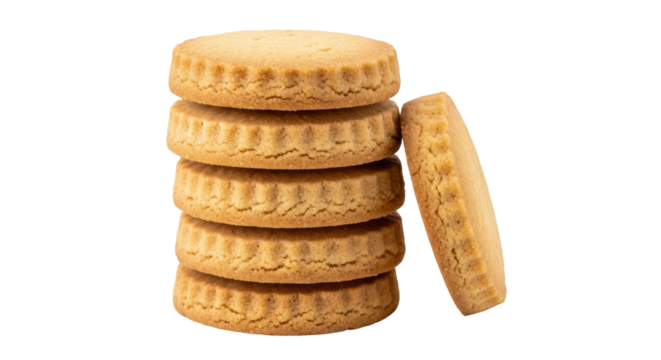 Isolated stack of shortbread cookies next to one cookie, delicious golden treats for tea time