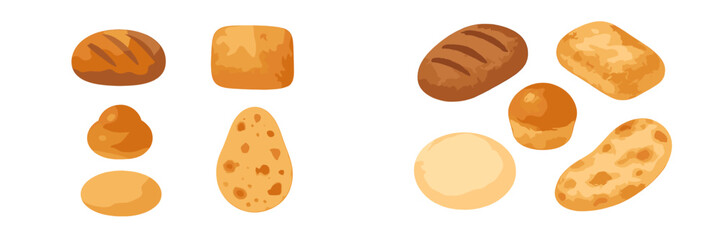 Variety of freshly baked bread and pastry items, including loaves, rolls, and flatbreads, showcasing different shapes and golden brown textures on a white background