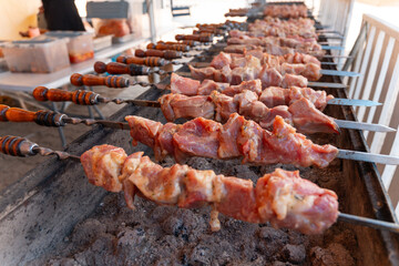 Sizzling skewers of marinated meat grilling over hot coals