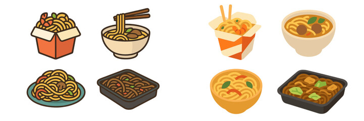 Collection of various Asian noodle dishes including ramen, chow mein, and takeout boxes with chopsticks