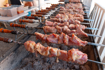 Sizzling skewers of marinated meat grilling over hot coals
