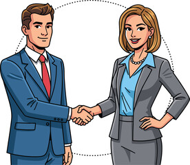 Business handshake illustration, corporate agreement concept, man and woman in formal suit, professional partnership deal, successful business negotiation vector art