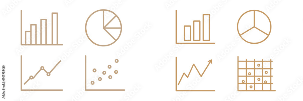 Poster clean outline icons of various data visualization charts including bar, pie, line, and scatter graph