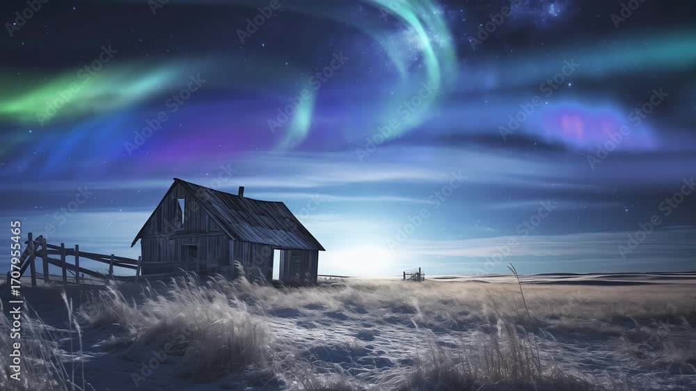 Wall mural iceland aurora and abandoned farmhouse loop generative ai