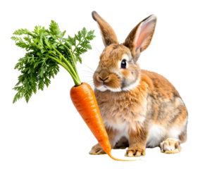 Fluffy Bunny Rabbit Holding a Fresh Carrot cute animal isolated on a transparent background.