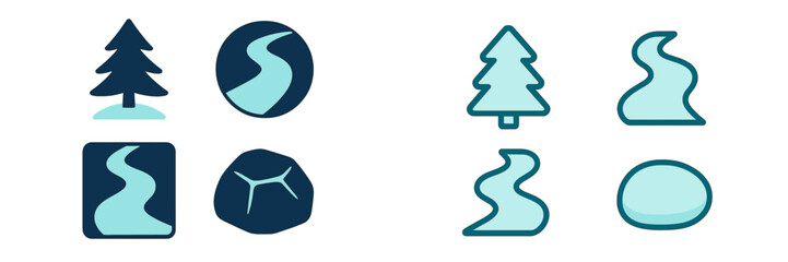 Minimalist nature icons collection featuring stylized trees, winding rivers, and abstract rock shapes