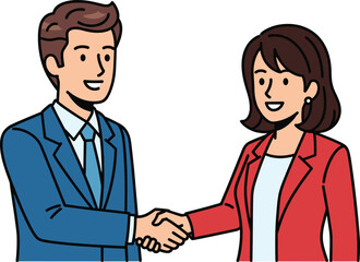 Business handshake vector, man and woman in formal attire, successful office agreement, professional partnership deal, corporate collaboration scene illustration