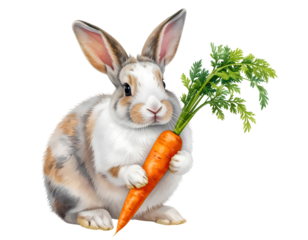 Fluffy Bunny Rabbit Holding a Fresh Carrot cute animal isolated on a transparent background.