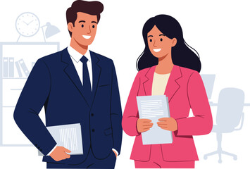 Business Man and Woman Holding Documents, Office Environment, Corporate Team Concept, Professional Attire, Modern Workplace Illustration, Vector Character Design