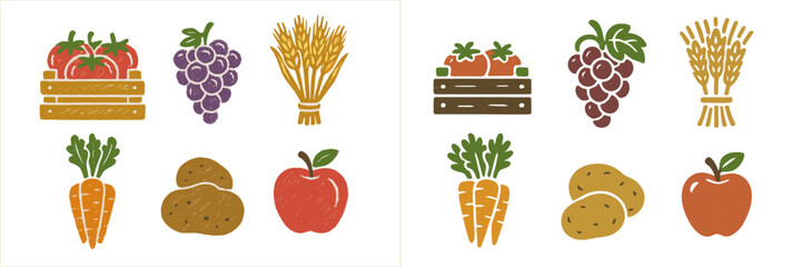Harvested fresh farm produce collection featuring ripe tomatoes, grapes, wheat, carrots, potatoes, and apples