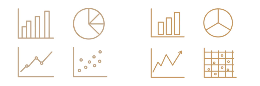 Clean outline icons of various data visualization charts including bar, pie, line, and scatter graphs for business
