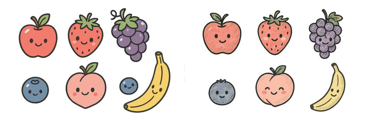 Adorable smiling fresh fruits collection featuring apple, strawberry, grapes, peach, blueberry, and banana characters on white background