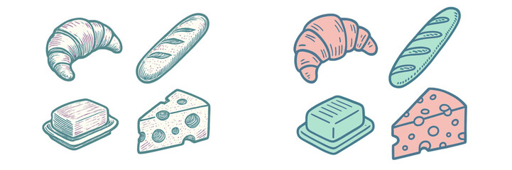 Variety of popular European breakfast staples and dairy products featuring freshly baked croissants, long baguettes, creamy butter, and delicious cheese