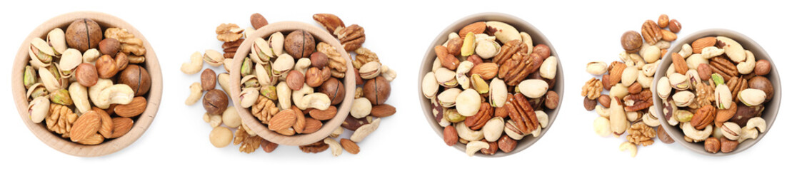 Nuts mix in bowls isolated on white, set. Top view