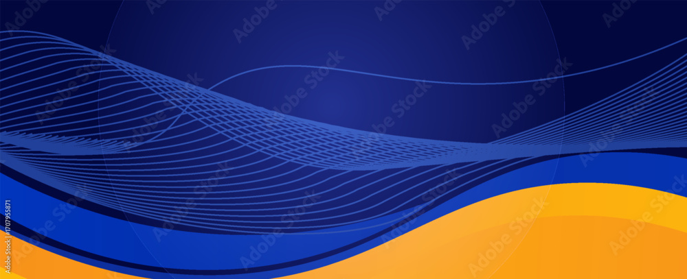 Poster abstract blue and yellow wave wide background banner curve element with line blue pettern space for 