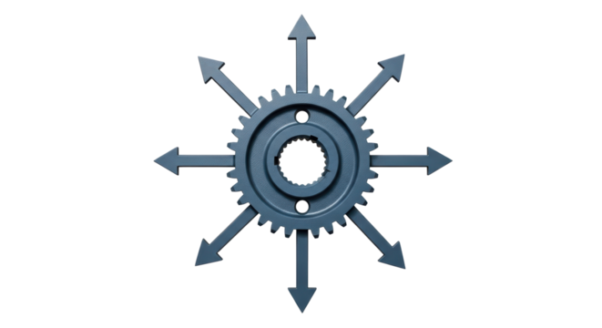 Isolated mechanical device with gears and direction arrows for industrial concept design