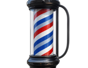 Traditional barber pole with red white and blue stripes isolated on a transparent background.
