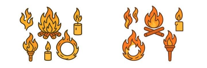 Collection of stylized fire elements including campfires, burning candles, and torches with various flame shapes