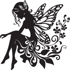 Elegant black vector silhouette of a fairy with delicate wings, perfect for fantasy-themed designs