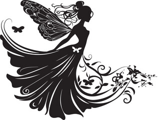 Elegant black vector silhouette of a fairy with delicate wings, perfect for fantasy-themed designs